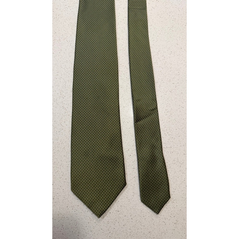 Brioni Mens Silk Tie Olive Green Black Geometric Micro Pattern Hand Made Italy